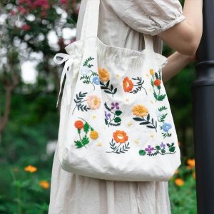 Drawstring Floral Embroidered Linen Tote Bag