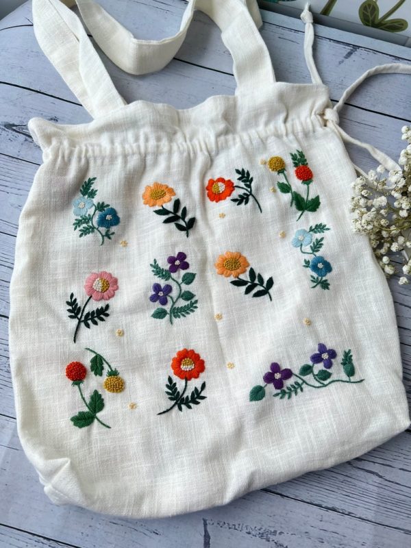 Drawstring Floral Embroidered Linen Tote Bag - Image 3