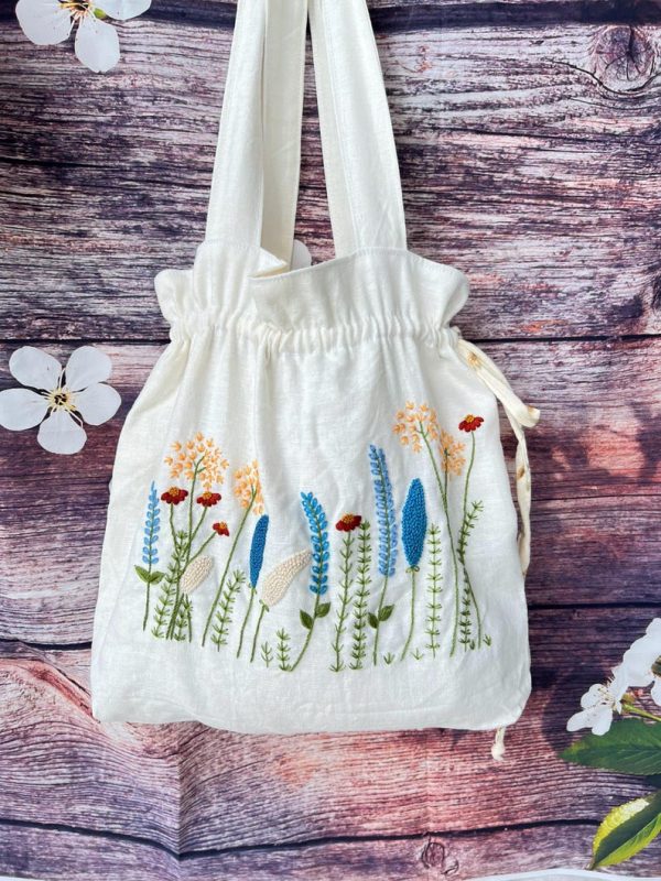 Drawstring Floral Embroidered Linen Tote Bag - Image 2