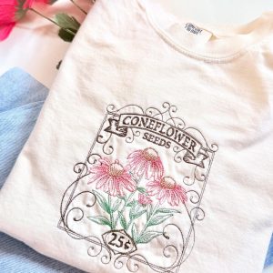 Coneflower Seeds Embroidered Cotton T-Shirt