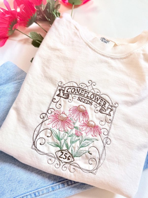 Coneflower Seeds Embroidered Cotton T-Shirt
