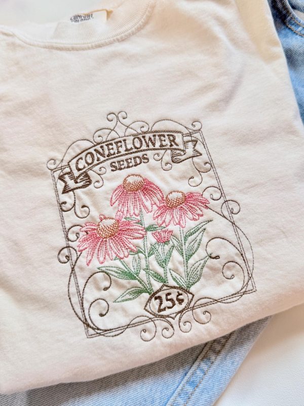 Coneflower Seeds Embroidered Cotton T-Shirt - Image 3