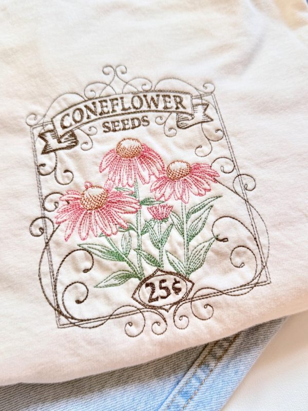 Coneflower Seeds Embroidered Cotton T-Shirt - Image 2