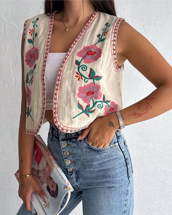 Boho Embroidered Vest with Pink Floral Design - Image 2