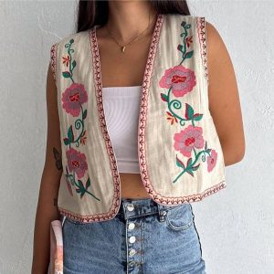 Boho Embroidered Vest with Pink Floral Design