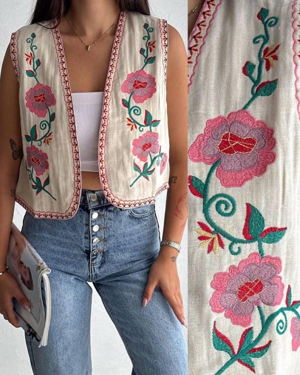 Boho Embroidered Vest with Pink Floral Design - Image 3