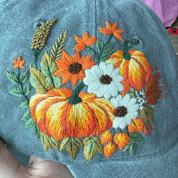 Halloween Pumpkin Floral Hand Embroidered Baseball - Image 2