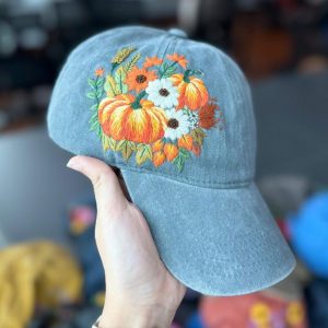 Halloween Pumpkin Floral Hand Embroidered Baseball